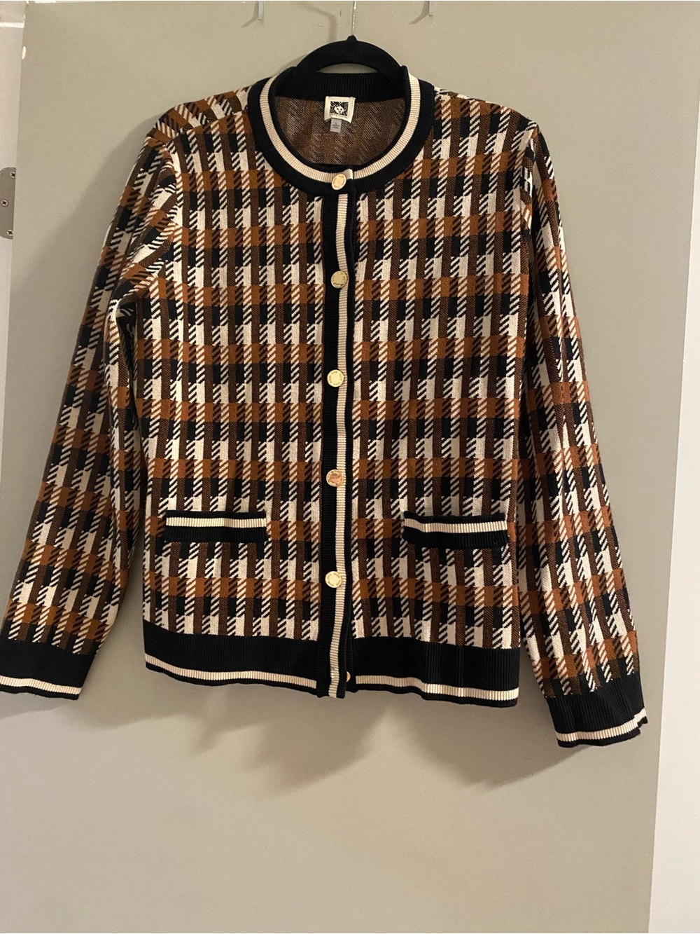 Anne Klein Plaid Crewneck Sweater in Brown, Black & Cream